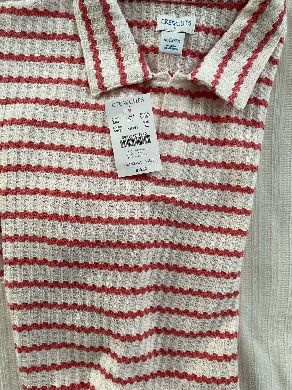 Crewcuts Cream and Red Striped Waffle-Knit Polo